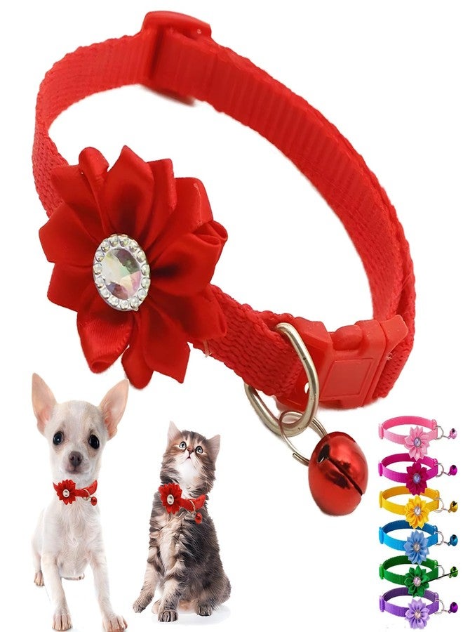 Weimostar Red XS Dog Collar with Bell and Floral, XS Kitten Collars with Bell Flower Girl Puppy Collar Cute Adjustable for XSmall Extra Small Female Dogs Tiny Pets Little Cats Yorkie Chihuahua X-Small - Image 1